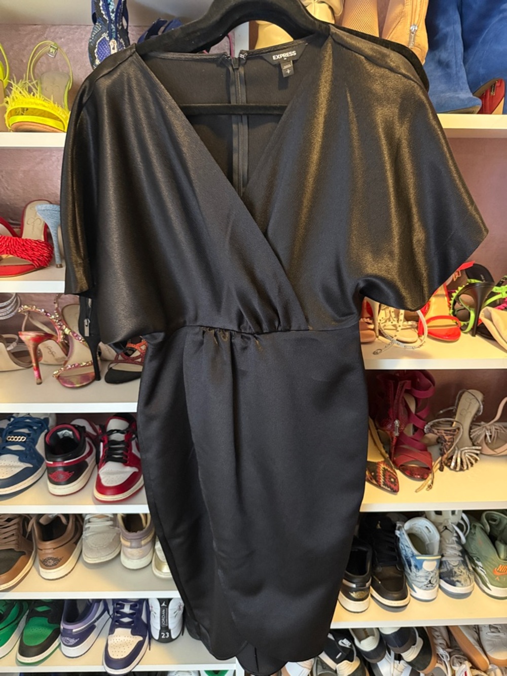 Express Black Satin Wrap Midi Dress